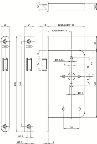 Serrure à barillet Assa Abloy 2465 | dm50mm | trou de manivelle 8mm | plaque frontale en acier peint 20x235mm arrondie | Dr 1+3 2+4 - 7962040