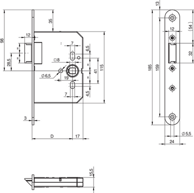 Serrure à barillet Assa Abloy N1002 | dm65mm | trou de manivelle 8mm | plaque frontale inox 24x185mm arrondie | loquet en zamac nickelé | Dr 1+3 2+4 - 10049500
