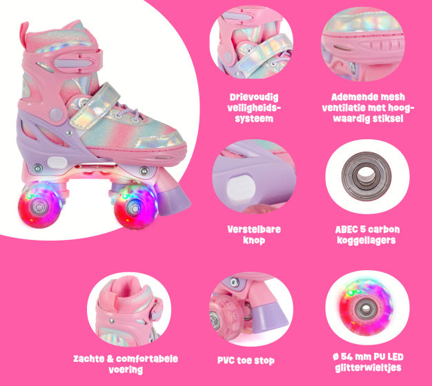 Patins à rouleaux réglables d'aventuri avec une taille de paillettes légèrement rose 27-30 (XS)