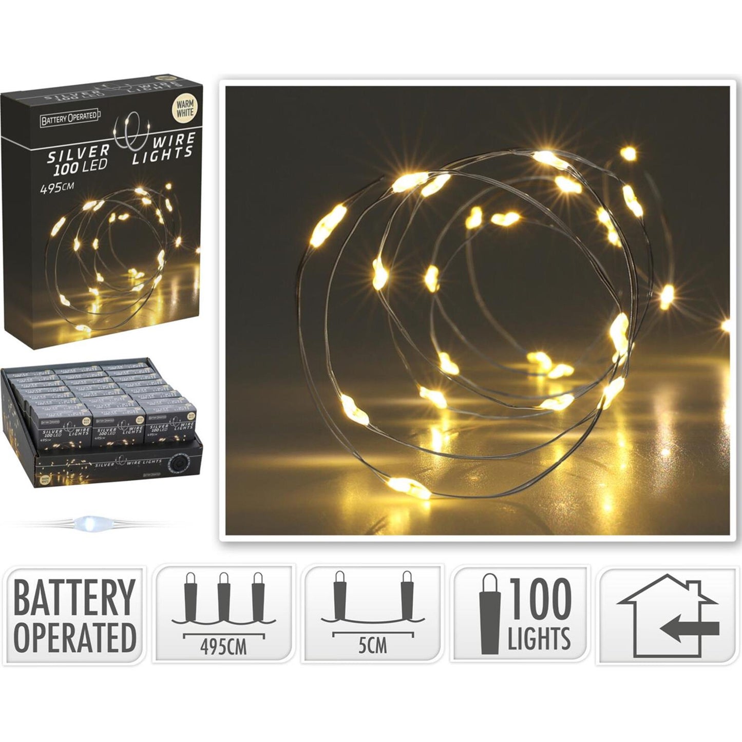 Éclairage fil argenté 100LED blanc chaud