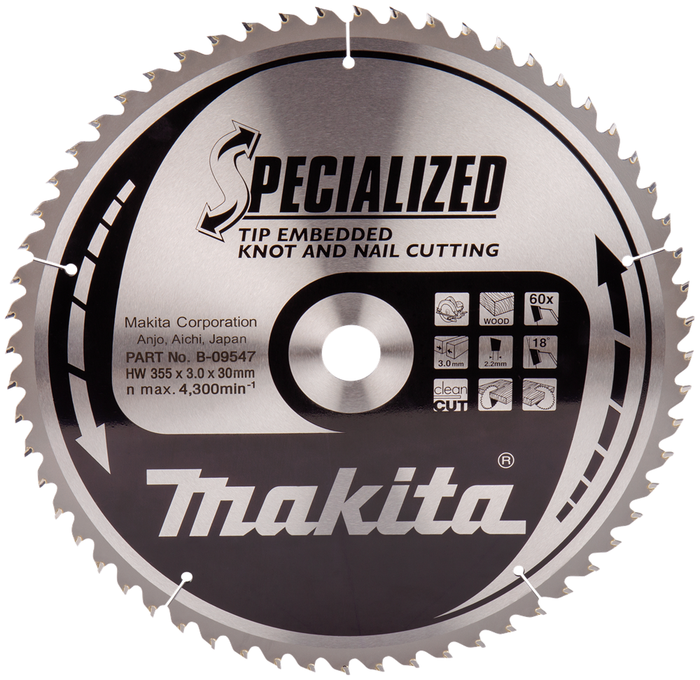 Accessoires Makita lame de scie circulaire bois (clou à noeud) | embout encastré 355x30x3.0 60t 18g - b-09547 - b-09547