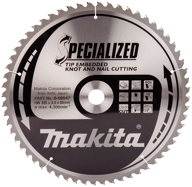 Accessoires Makita lame de scie circulaire bois (clou à noeud) | embout encastré 355x30x3.0 60t 18g - b-09547 - b-09547
