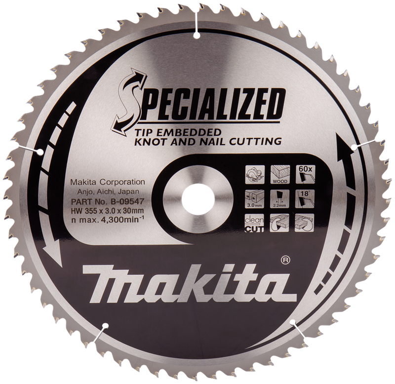 Accessoires Makita lame de scie circulaire bois (clou à noeud) | embout encastré 355x30x3.0 60t 18g - b-09547 - b-09547