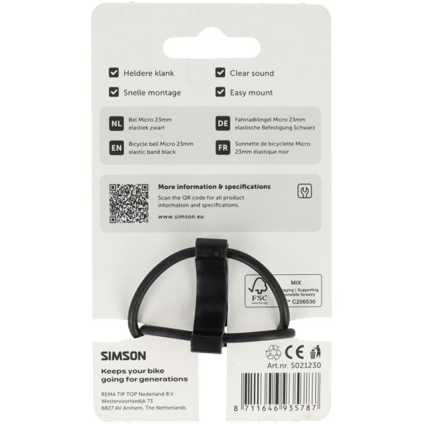 Simson sonnette de vélo micro 23mm fixation élastique en caoutchouc noir