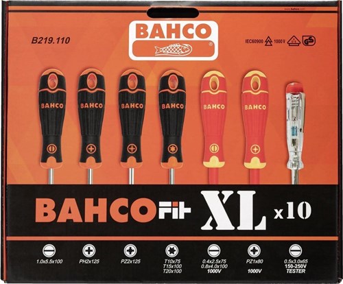 Jeu de tournevis Bahco | 10 pièces | b219.110 - emplacement ph2, pz2, t10, t15, t20, emplacement vde, vde pz1, testeur