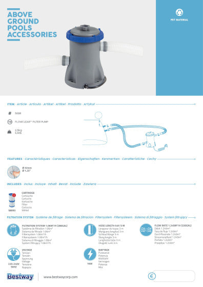 Pompe de filtre à cartride Bestway 1,2 m³ U 12V Gray