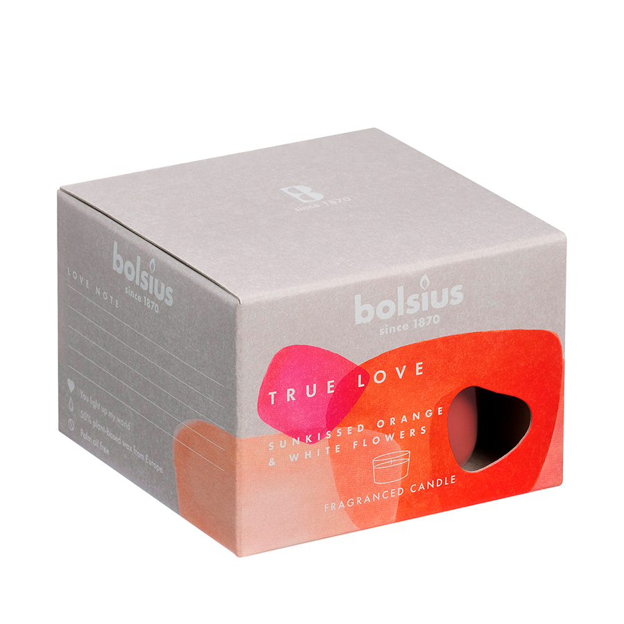 Bolsius verre parfumé true love sunkiss orange fleurs blanches 63 90mm