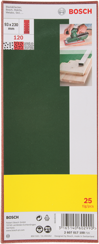 Accessoires Bosch Jeu de 25 feuilles abrasives 93 x 230 mm pour ponceuses orbitales, grain 120 - 2607017100