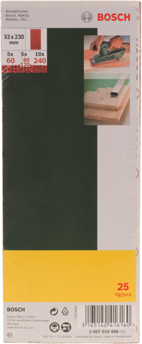 Jeu de 25 feuilles abrasives Bosch pour ponceuses orbitales non perforées 93 x 230 mm - grain 60 ; 80 ; 120 ; 240