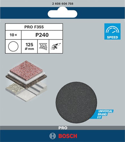 Accessoires Bosch 10 feuilles abrasives 125 f355, idéal pour revêtements+composites, k240 - 2608606758