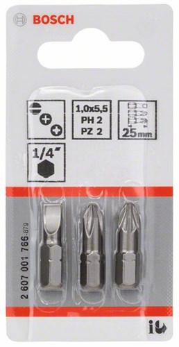 Accessoires Bosch jeu d'embouts 3 pièces extra durs (assortis) s 1,0x5,5 ; ph2; pz2; 25mm 3pcs - 2607001766