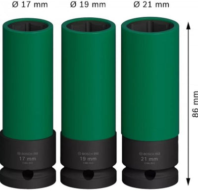 Accessoires Bosch jeu de douilles 3 pièces | 85 mm, 17 ; 19 ; 21 mm 1 2 extra profond - 2608003033