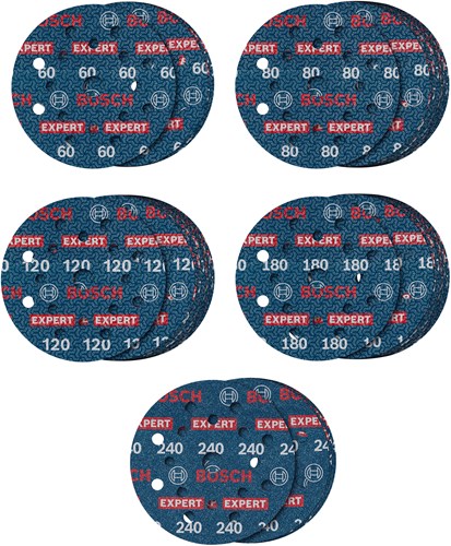 Bosch accessoires expert jeu de 55 disques abrasifs o780 avec sous-couche de film, 125 mm, 5xg60 ; 15xg80; 15xg120; 15xg180; 5xg240 - 2608902429