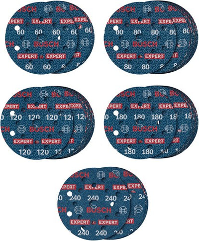 Bosch accessoires expert jeu de 55 disques abrasifs o780 avec sous-couche de film, 125 mm, 5xg60 ; 15xg80; 15xg120; 15xg180; 5xg240 - 2608902429
