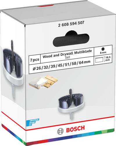 Bosch accessoires jeu de scies cloches pour bois et plaques de plâtre | 26 ; 32 ; 39 ; 45 ; 51 ; 58 ; 64 x 18,5 mm - 2608594507