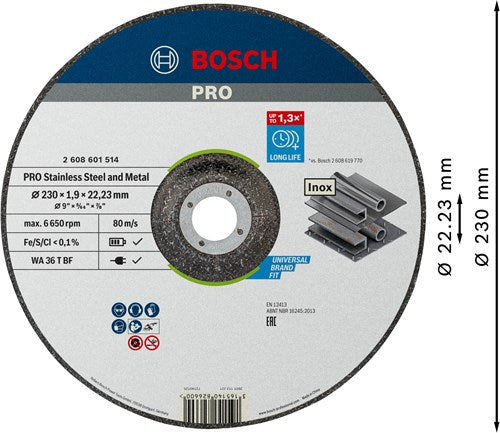 Bosch accessoires pro disque à tronçonner en acier inoxydable et à liant métallique | 230 x 1,9 x 22,23 mm | avec centre déprimé - 2608601514