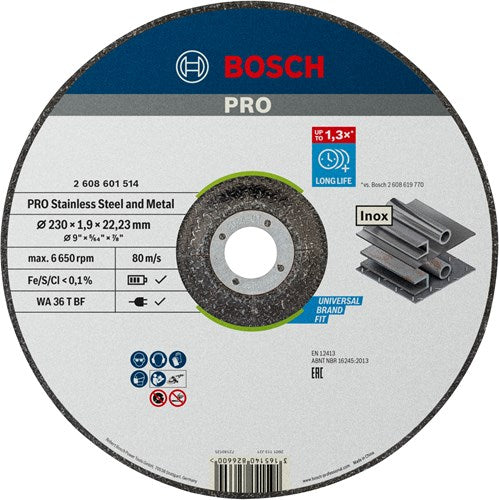 Bosch accessoires pro disque à tronçonner en acier inoxydable et à liant métallique | 230 x 1,9 x 22,23 mm | avec centre déprimé - 2608601514
