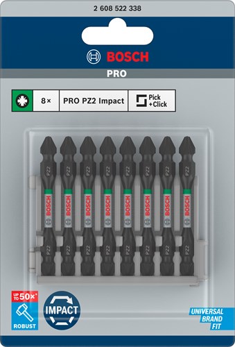 Bosch accessoires embout à vis contrôle d'impact double face pz2, 65 mm 8x - 2608522338