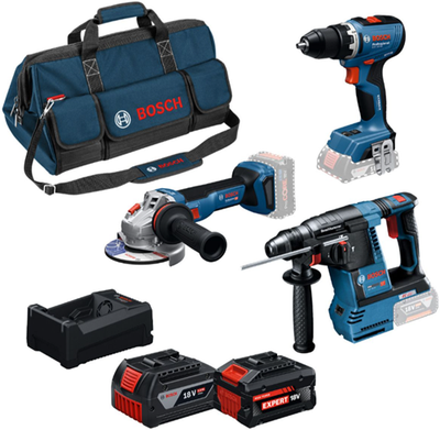 Ensemble combiné 3 pièces Bosch bleu perceuse-visseuse sans fil GSR 18V-65, marteau perforateur GBH 18V-26, meuleuse d'angle GWS 18V-11, 2x GBA 18V 5,0Ah-5,5Ah - 0615A500aj