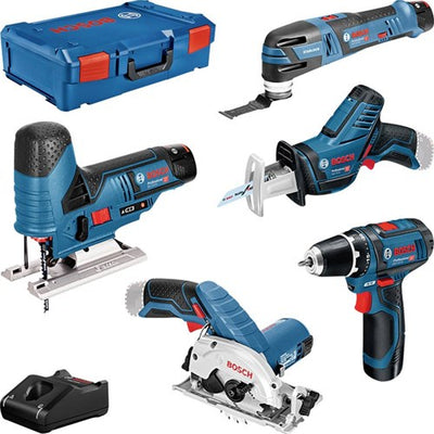 Bosch bleu 5 boîte à outils gsr 12v-15 + gst 12v-70 + gop 12v-28 + gks 12v-26 + gsa 12v-14 - 0615a0017c