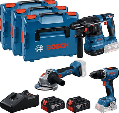Bosch bleu batterie trousse à outils 3 trousse à outils 18v (2x gba 18v 5.0ah, chargeur gal 18v-40, gsr 18v-65, gbh 18v-22, gws 18v-8) - 0615a5009g