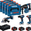 Boîte à outils à batterie bleue Bosch 4-boîte à outils 18v | gsr 18v-65 + gdx 18v-285 + gbh 18v-26 + gws 18v-11 | + 2x gba 18v 5,0ah + 1x exba 18v 5,5ah + chargeur - 0615a500bj