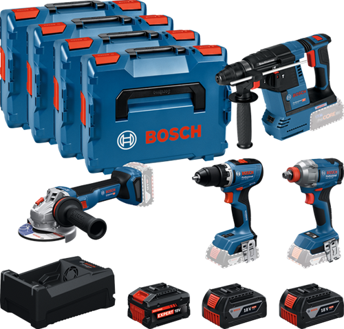 Boîte à outils à batterie bleue Bosch 4-boîte à outils 18v | gsr 18v-65 + gdx 18v-285 + gbh 18v-26 + gws 18v-11 | + 2x gba 18v 5,0ah + 1x exba 18v 5,5ah + chargeur - 0615a500bj