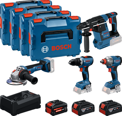 Boîte à outils à batterie bleue Bosch 4-boîte à outils 18v | gsr 18v-65 + gdx 18v-285 + gbh 18v-26 + gws 18v-11 | + 2x gba 18v 5,0ah + 1x exba 18v 5,5ah + chargeur - 0615a500bj
