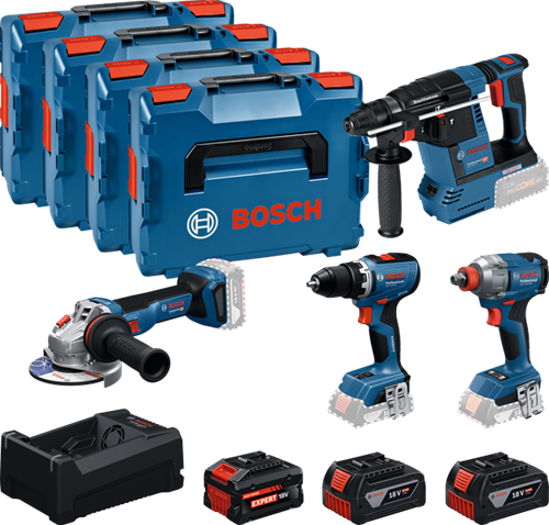 Boîte à outils à batterie bleue Bosch 4-boîte à outils 18v | gsr 18v-65 + gdx 18v-285 + gbh 18v-26 + gws 18v-11 | + 2x gba 18v 5,0ah + 1x exba 18v 5,5ah + chargeur - 0615a500bj