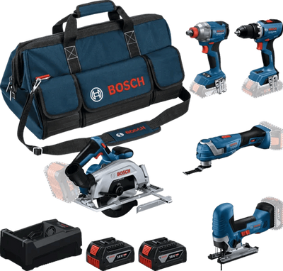 Boîte à outils pour batterie bleue Bosch 5-boîte à outils 18v | gsr 18v-65 + gdx 18v-285 + gks 18v-57-2 + gop 18v-34 + gst 18v-125 s | y compris 2x gba 18v 5.0ah + chargeur - 0615a500bv