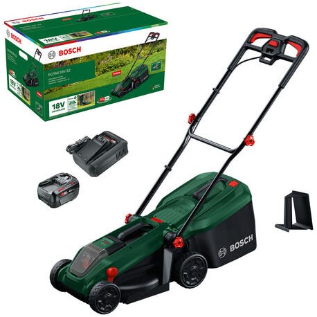 Bosch tondeuse à batterie verte rotak 18v-32 | y compris 1 batterie li-ion 18 v (4,0 ah) + chargeur al18v-44 + prise mulch - 06008b9p00