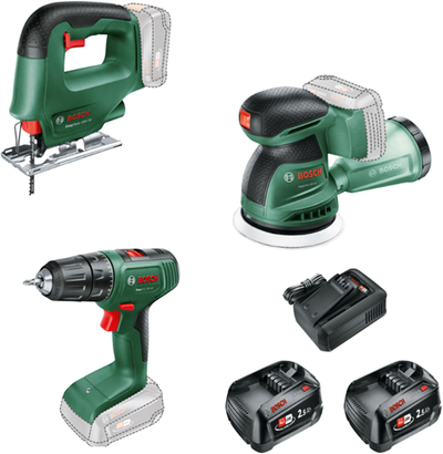 Kit d'outils à batterie verte Bosch combipack easydrill 18v-40 + easysaw 18v-70 + easyorbit 18v-10 | comprenant 2x 18v 2,5 ah + chargeur | en sachet - 0615a500a9