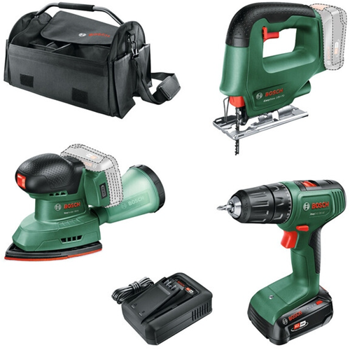 Kit d'outils à batterie verte Bosch combipack easydrill 18v-40 + easysaw 18v-70 + easysander 18v-8 | comprenant 1x 18v 2,5 ah + chargeur | en sachet - 0615a500aa