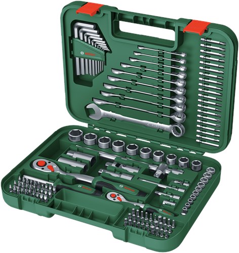 Jeu de fixations vert Bosch 132 pièces (1 cliquet 2, 1 cliquet 4, tournevis à embout universel, jeu de clés Torx 10 pièces, 10x clés polygonales, 20x embouts (50 mm), 60x embouts (25 mm) - 1600a02z9b