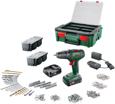 Perceuse universelle Bosch verte 18v | perceuse sans fil | 2 batteries 1,5 Ah + chargeur | y compris accessoires + boîtier système - 06039d4003