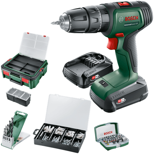 Lutin bosch vert universalact 18v | visseuse-perceuse à percussion sans fil | Batterie 1,5 ah + 2,5 ah + chargeur | + boîtier système et accessoires 06039d4107