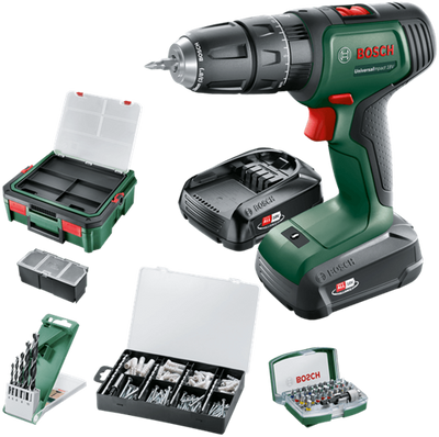 Lutin bosch vert universalact 18v | visseuse-perceuse à percussion sans fil | Batterie 1,5 ah + 2,5 ah + chargeur | + boîtier système et accessoires 06039d4107