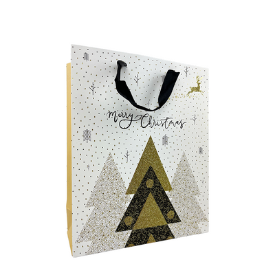Sac cadeau grand sapin de Noël à paillettes blanches joyeux noël 32x26x10cm
