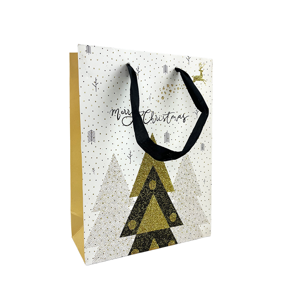 Sac cadeau moyen paillettes blanches joyeux noël sapin de Noël 18x24x8cm