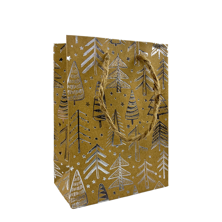 Sac cadeau mini kraft sapin de Noël argent 11x6x16cm