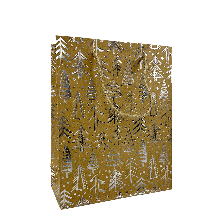 Sac cadeau petit sapin de Noël kraft argent 18x8x23cm