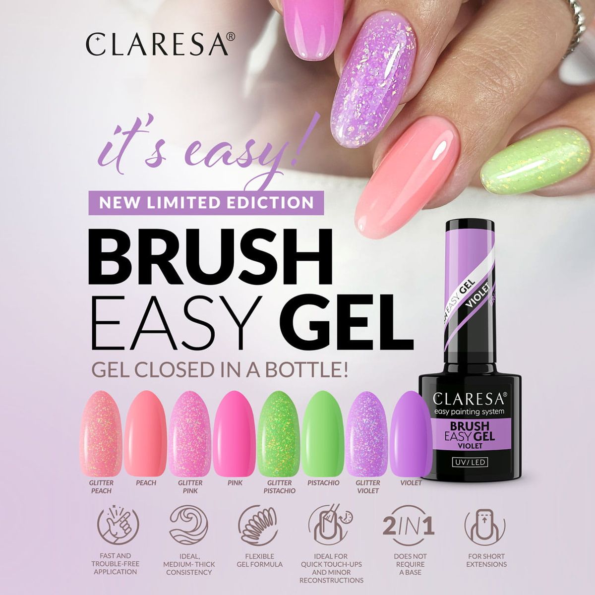 Claresa Brush Easy gel paillette violet 5ml