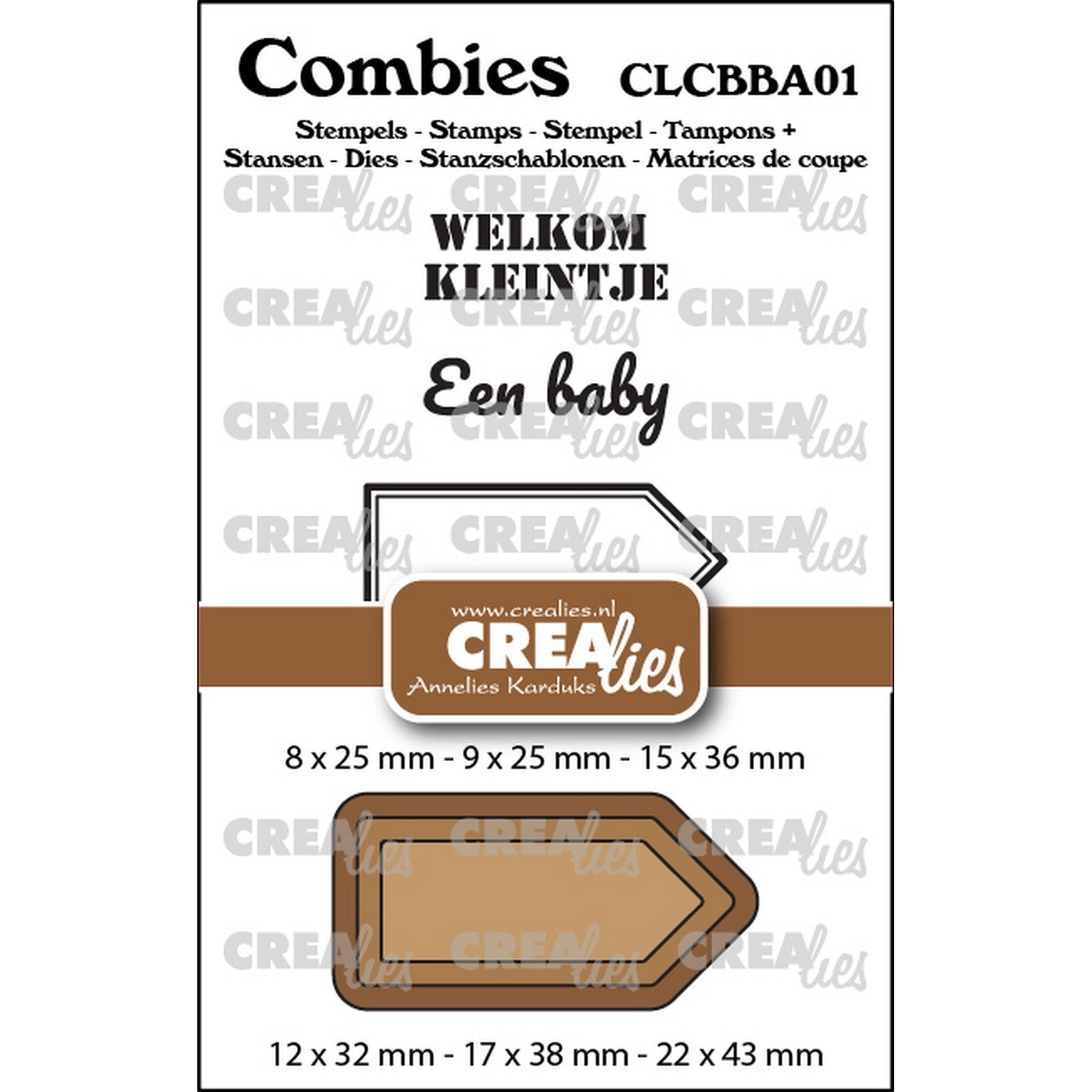 Crealies • combies set de tampons bébé 01 : 2 textes + 1 étiquette tag