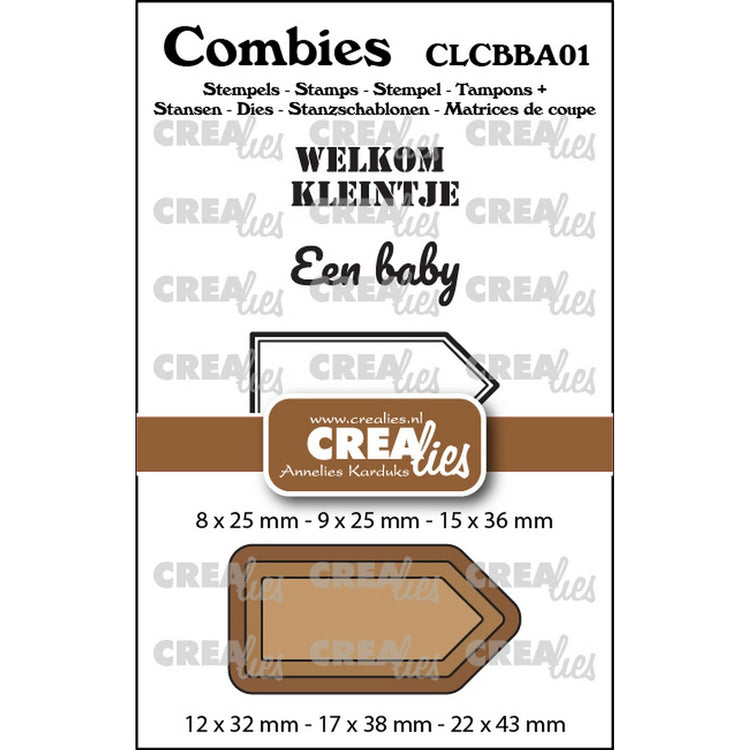 Crealies • combies set de tampons bébé 01 : 2 textes + 1 étiquette tag