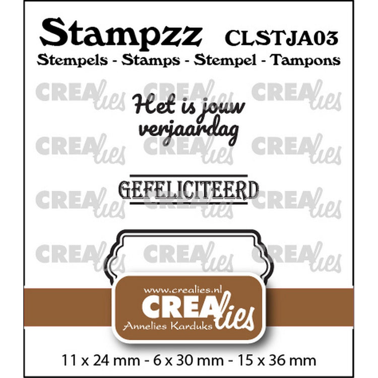 Crealies • set de tampons stampzz anniversaire 03 : 2 textes + 1 étiquette tag