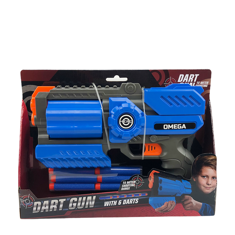 Pistolet à fléchettes Omega avec 6 fléchettes bleu 25cm