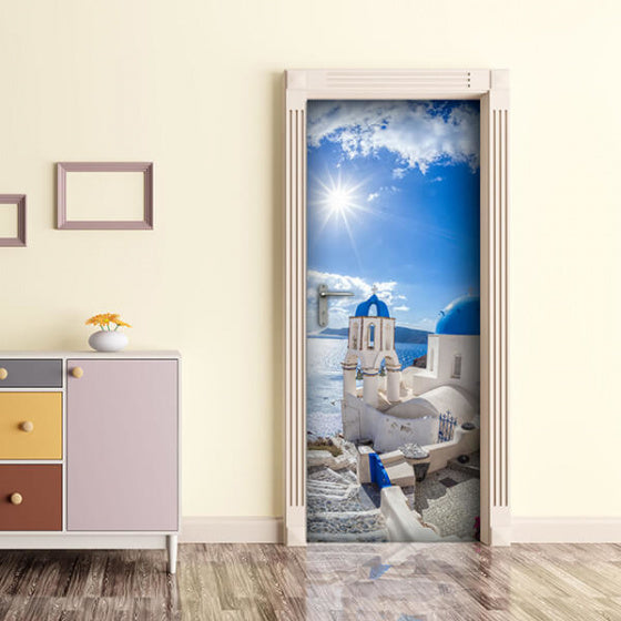 Autocollant de porte dekoidea mer Aegean 83 x 210 cm en vinyle blanc bleu