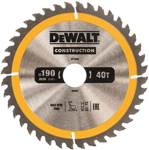 Accessoires Dewalt lame de scie circulaire 190x30x40t, positif 10°, encoche 2,6mm - dt1945-qz