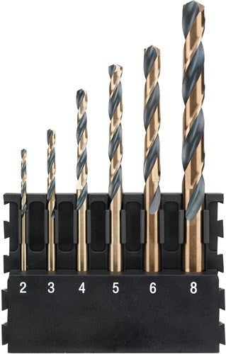 Support d'accessoires Dewalt + forets à métal à tige ronde en or noir | 6 pièces | 2 mm, 3 mm, 4 mm, 5 mm, 6 mm, 8 mm - dt70828-qz - dt70828-qz