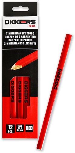 Crayon de menuisier Diggers | 24 cm | rouge | 12 pièces - dig388